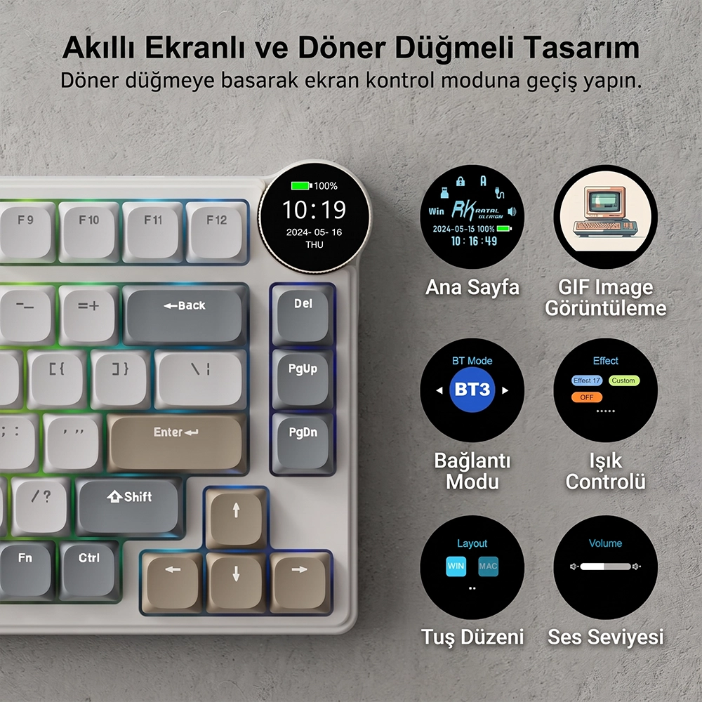 Akıllı ekranlı ve döner düğmeli mekanik klavye, özellik grafikleriyle.
