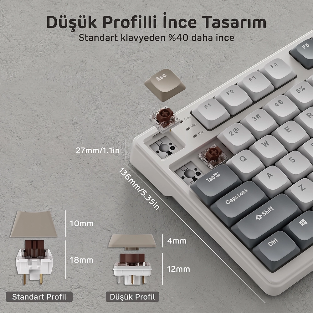 Kahverengi switch'li mekanik klavye, düşük ve standart profil karşılaştırmalı.