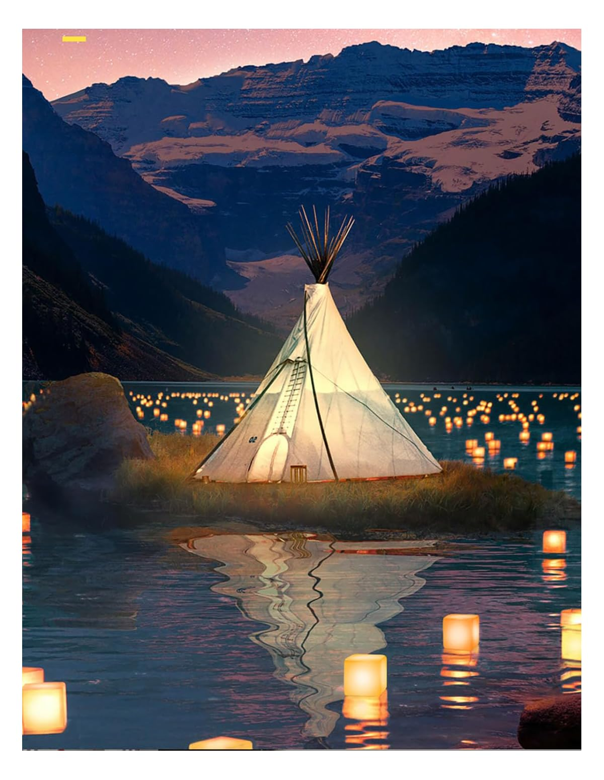 Ein erleuchtetes Tipi steht auf einer kleinen Insel, umgeben von schwimmenden Laternen vor einer Bergkulisse.