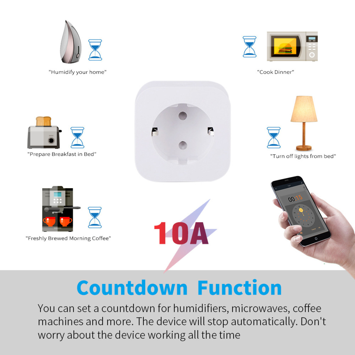 Intelligente Steckdose mit Countdown-Funktion zur Steuerung von Haushaltsgeräten über eine App.