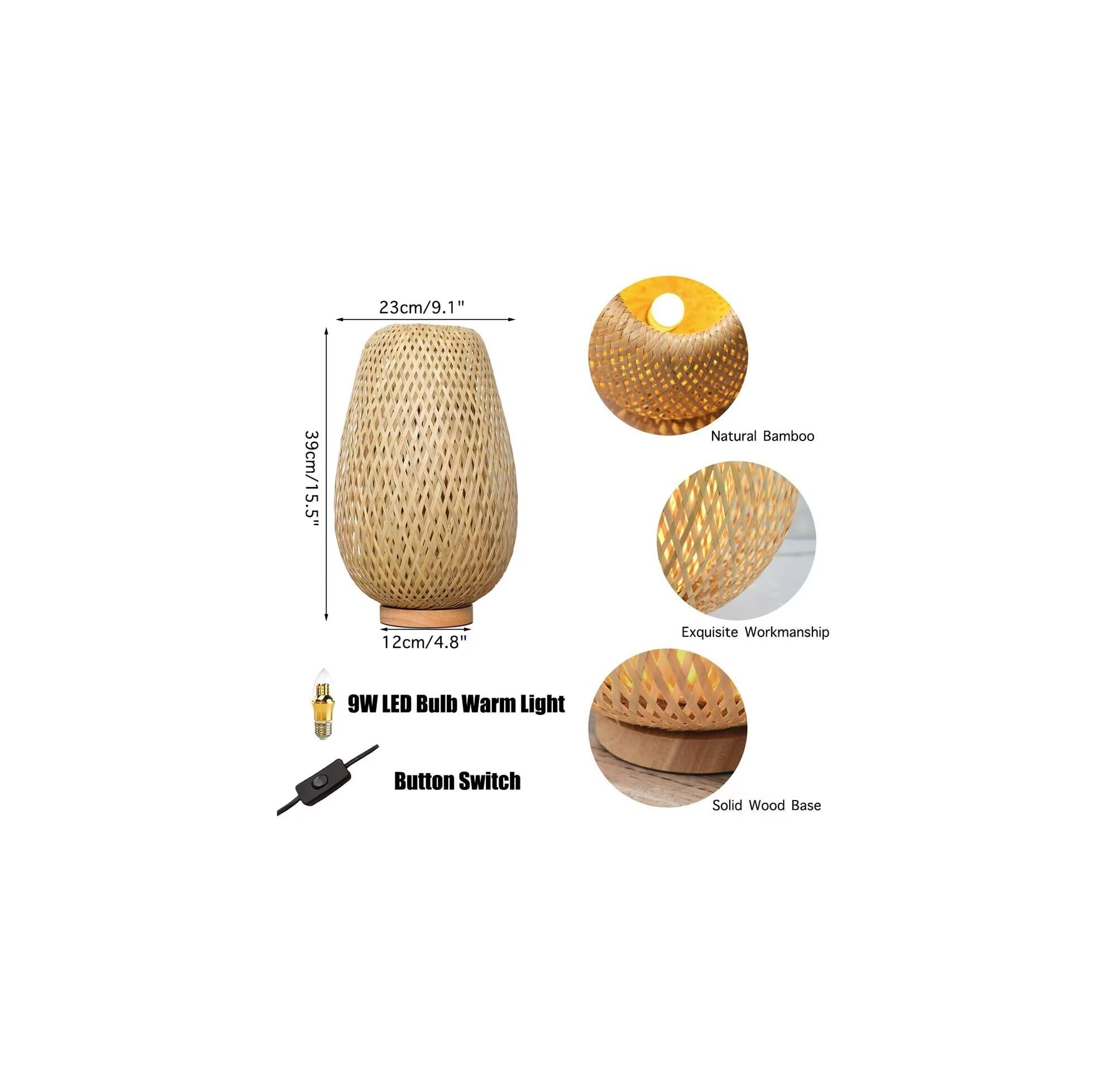 Bambustischlampe mit Abmessungen, LED-Glühbirne, Knopfschalter und Nahaufnahmen von Material und Holzbasis.