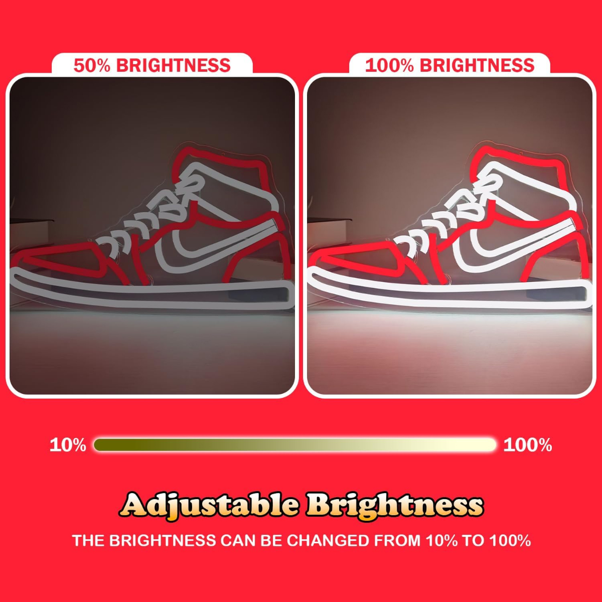 Vergleich von Sneaker-Neonlichtern bei 50% und 100% Helligkeit mit einstellbarer Skala.
