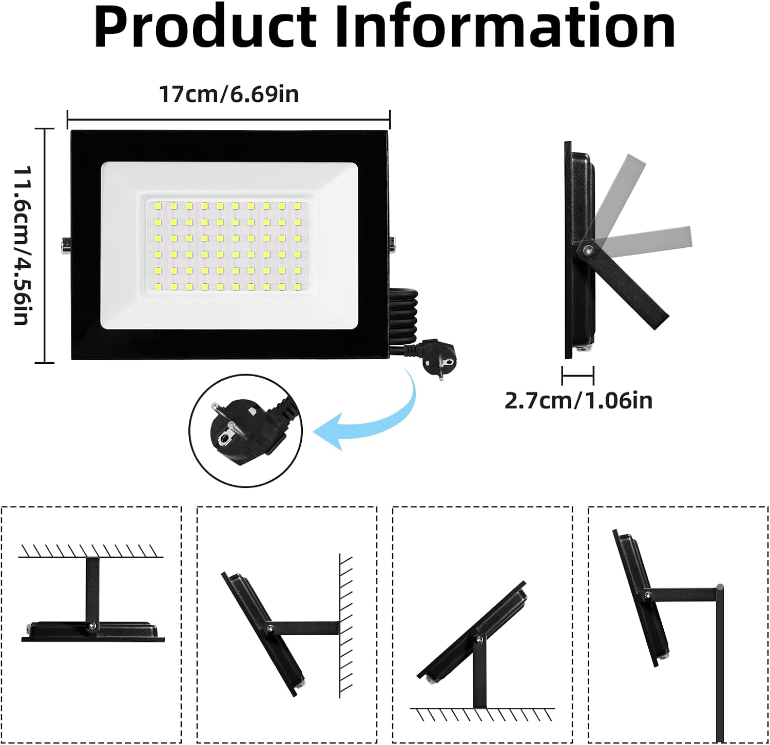 Produktinformationsdiagramm eines schwarzen LED-Flutlichts mit Abmessungen, verstellbarem Winkel und Montageoptionen.