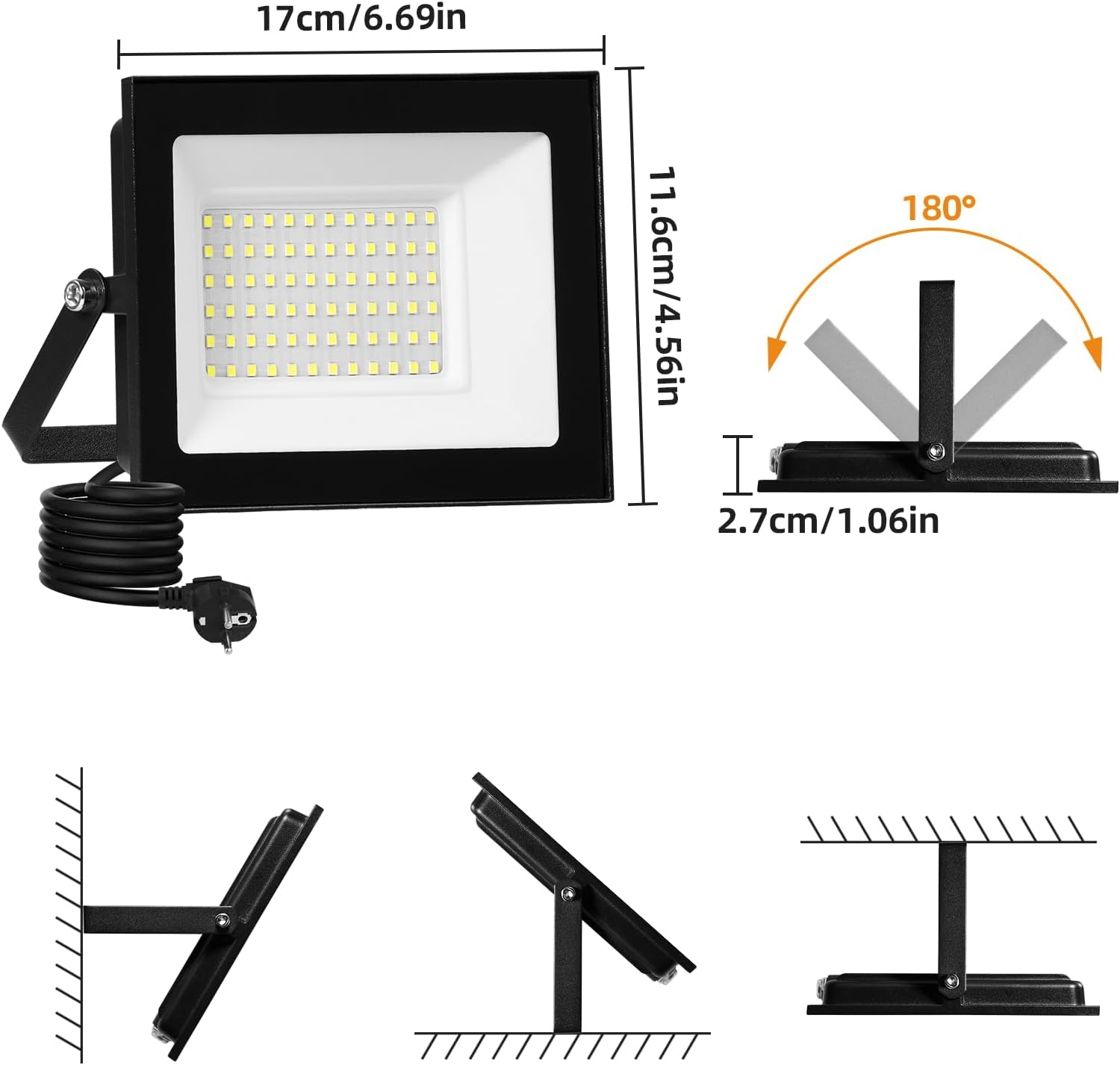 Technische Zeichnung und Maße eines schwarzen LED-Strahlers mit integriertem Kabel und Steckdose.