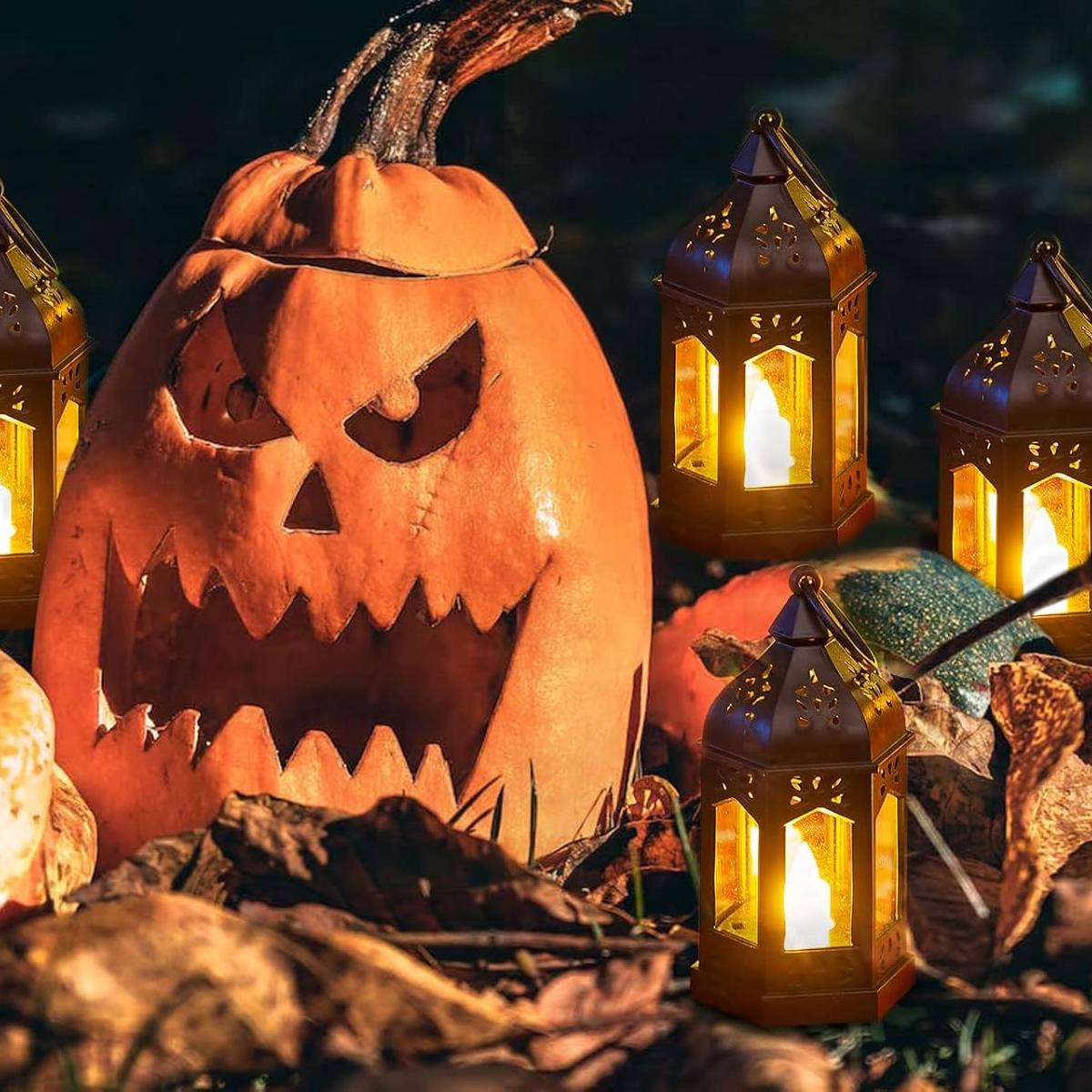 Ein geschnitzter Halloween-Kürbis und beleuchtete Laternen liegen umgeben von Herbstlaub im dunklen Wald.