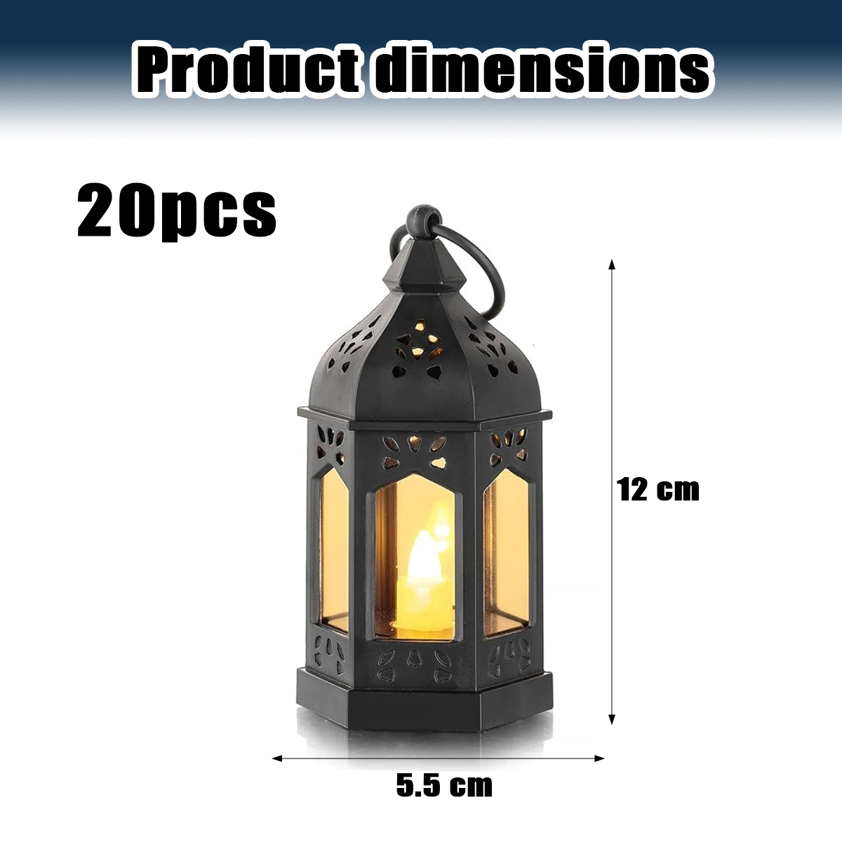 Schwarze Laterne mit LED-Kerze, 12 cm hoch und 5,5 cm breit, 20 Stück.