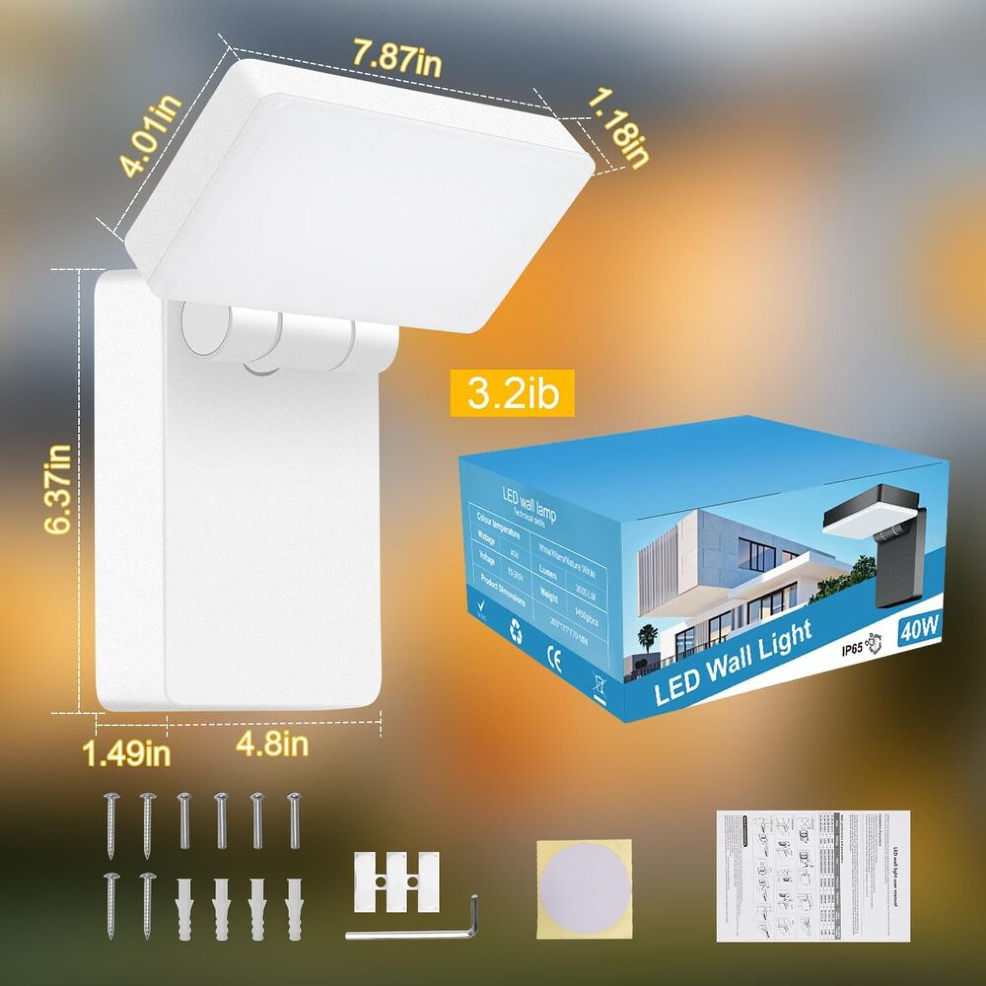 Weiße LED-Wandleuchte mit Maßen, Verpackung, Schrauben und Anleitung.