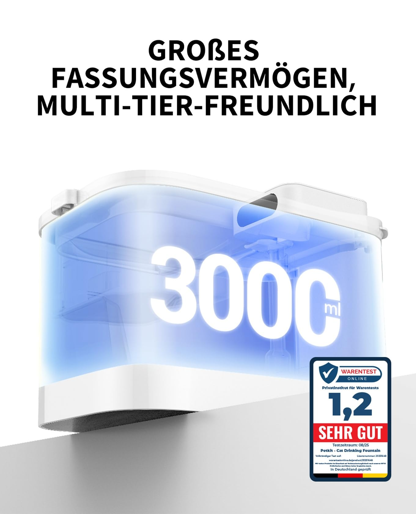 Weißer Haustierbrunnen mit 3000 ml Fassungsvermögen und Warentest-Siegel SEHR GUT 1,2.