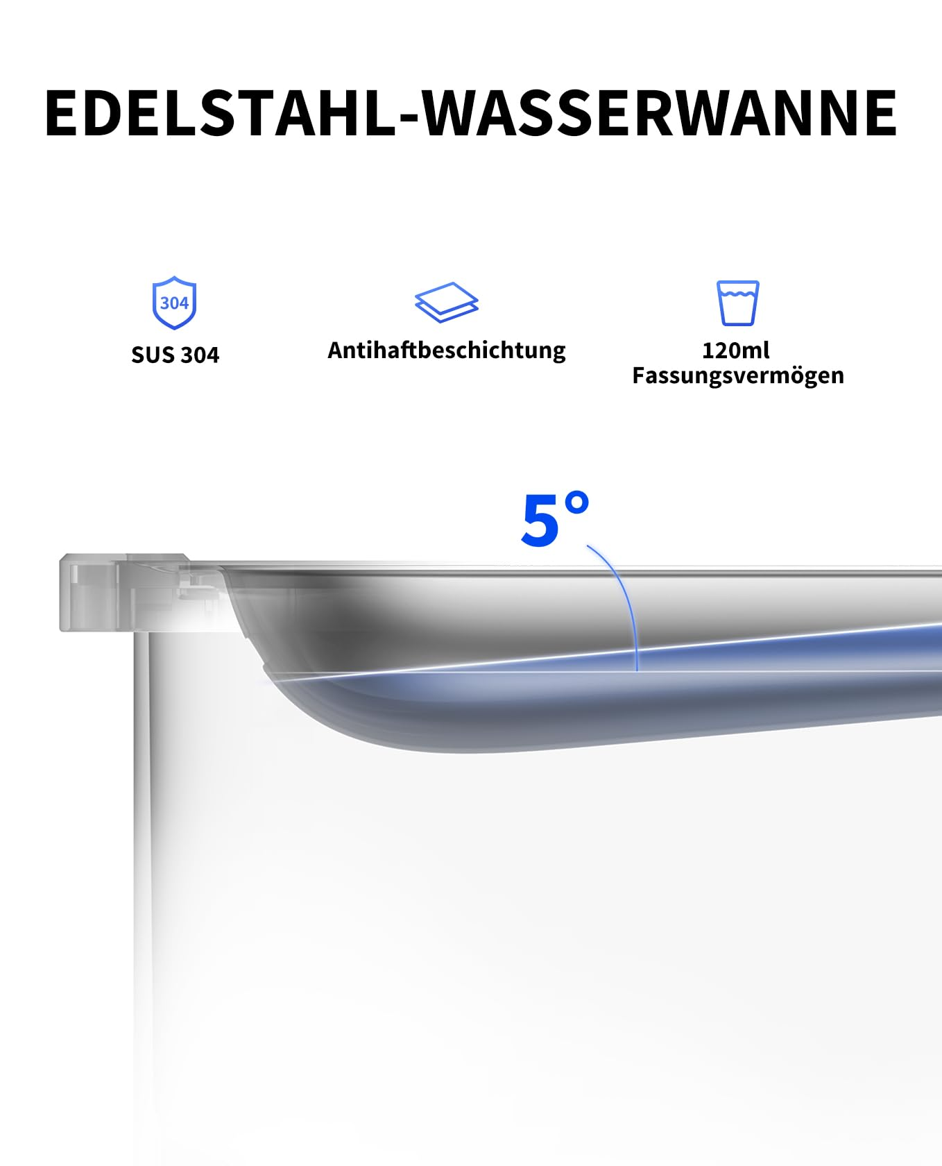 Edelstahl-Wasserwanne mit SUS 304, Antihaftbeschichtung, 120ml Fassungsvermögen und 5 Grad Neigung.