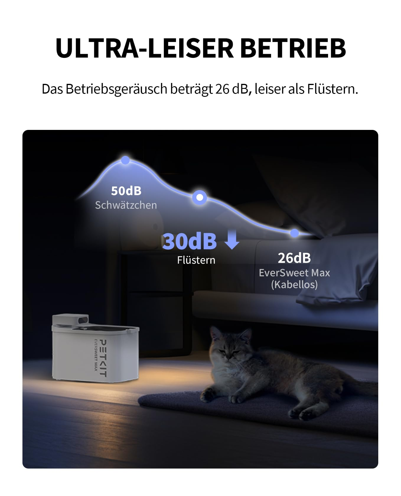 Diagramm zeigt den leisen Betrieb von 26 dB eines Haustierbrunnens neben einer liegenden Katze in der Nacht.