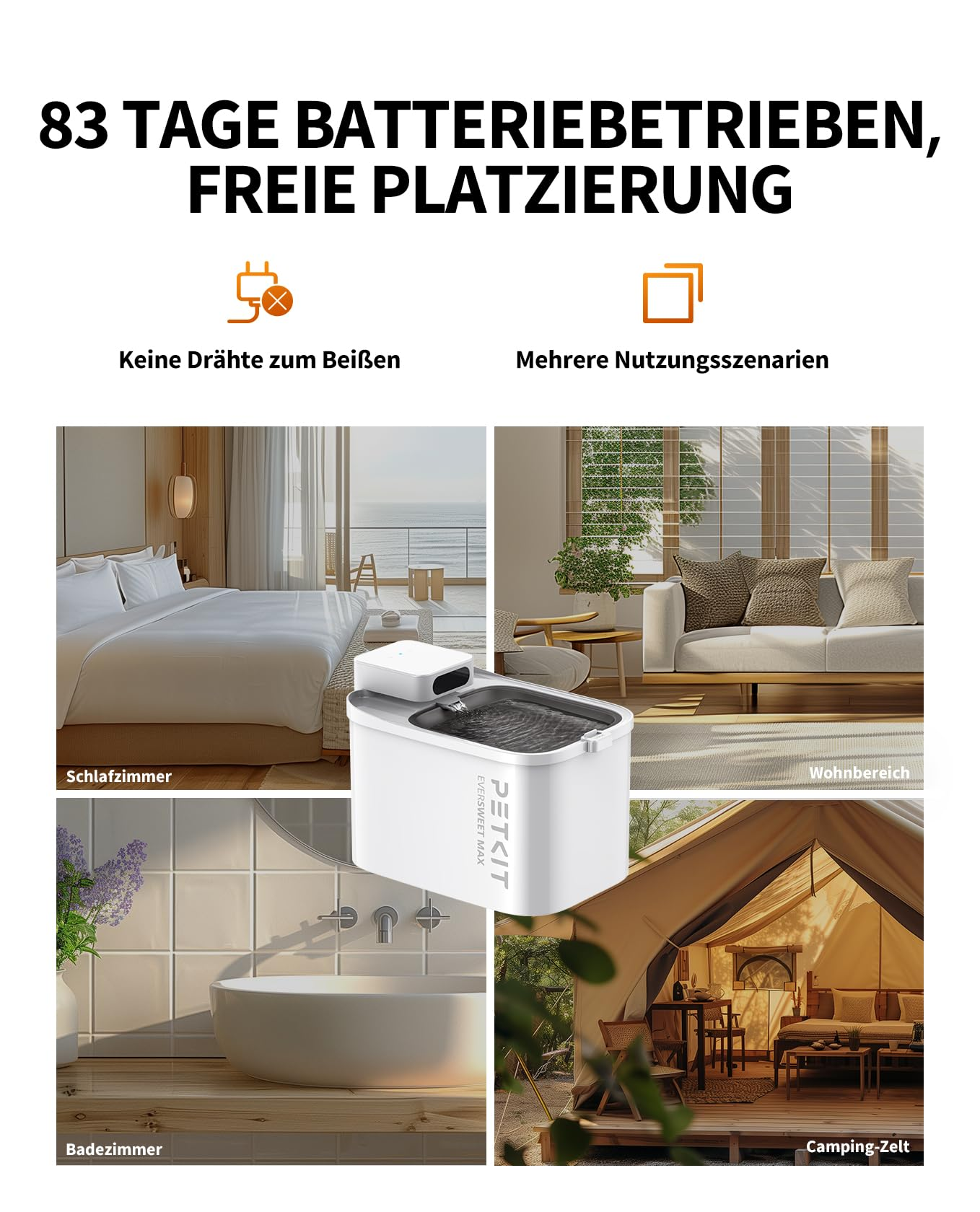 Kabelloser Haustierbrunnen für Schlafzimmer, Wohnzimmer, Bad und Camping mit Text und Icons.