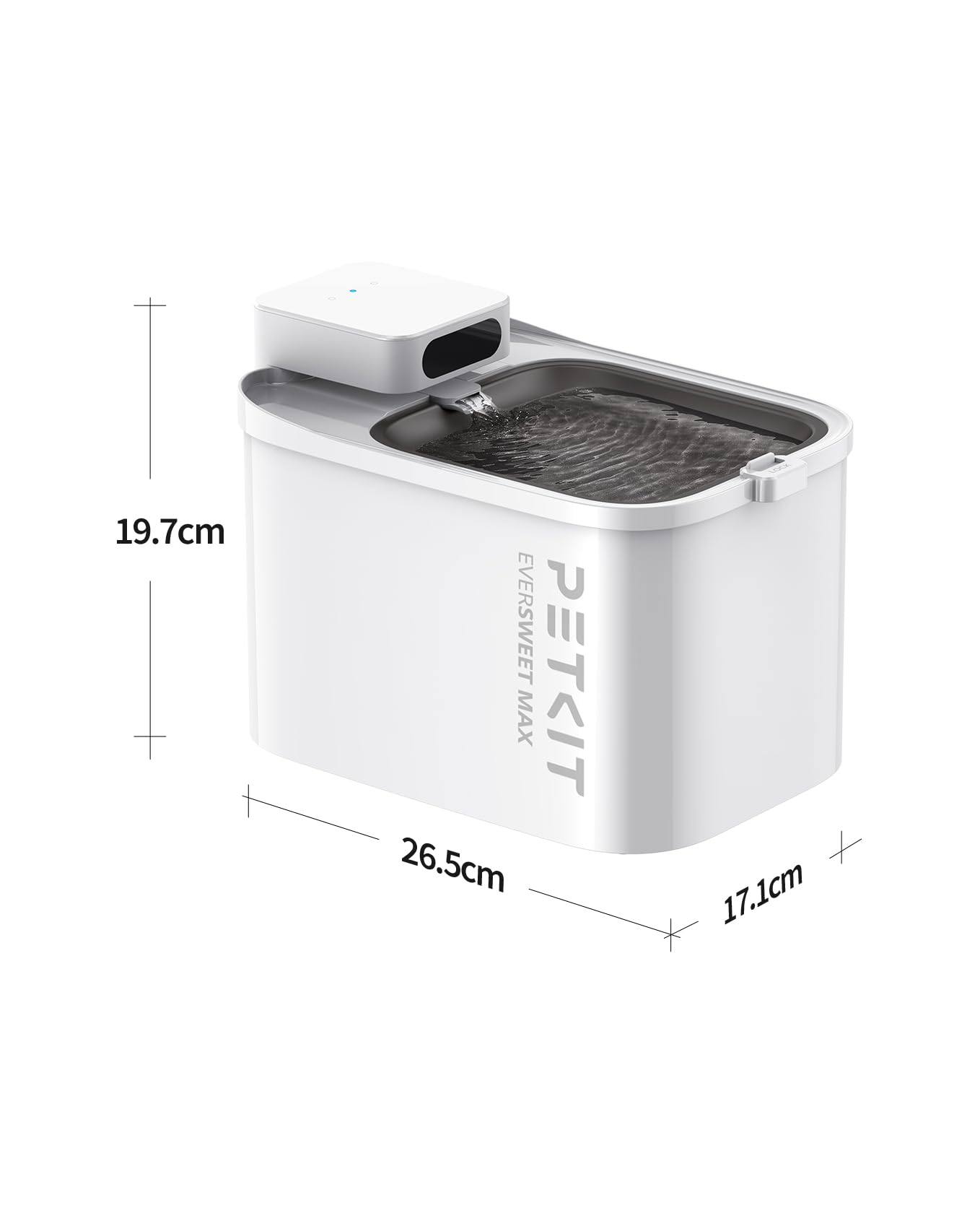 Weißer Petkit Eversweet Max Haustierbrunnen mit Maßlinien für 19,7 cm Höhe, 26,5 cm Breite und 17,1 cm Tiefe.