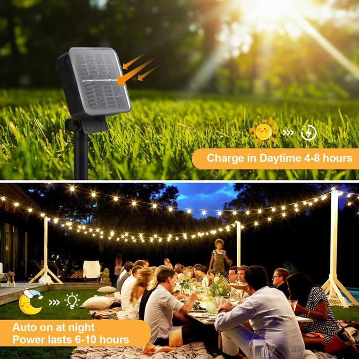 Solarmodul im Gras beim Laden, nachts speisen Leute draußen unter Lichterketten.