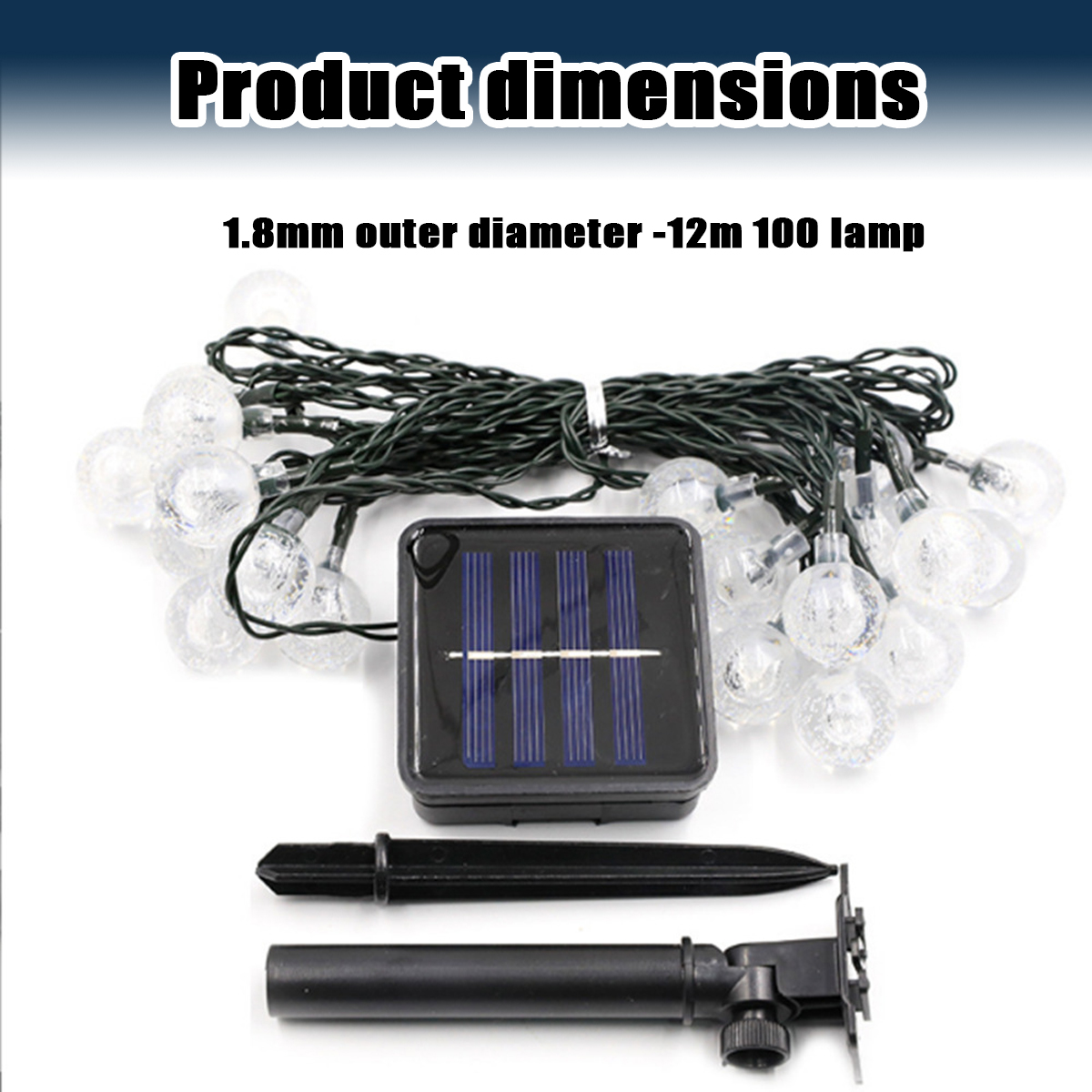 Solar-Lichterkette mit gläsernen Kugeln, Solarpanel und Erdspieß.