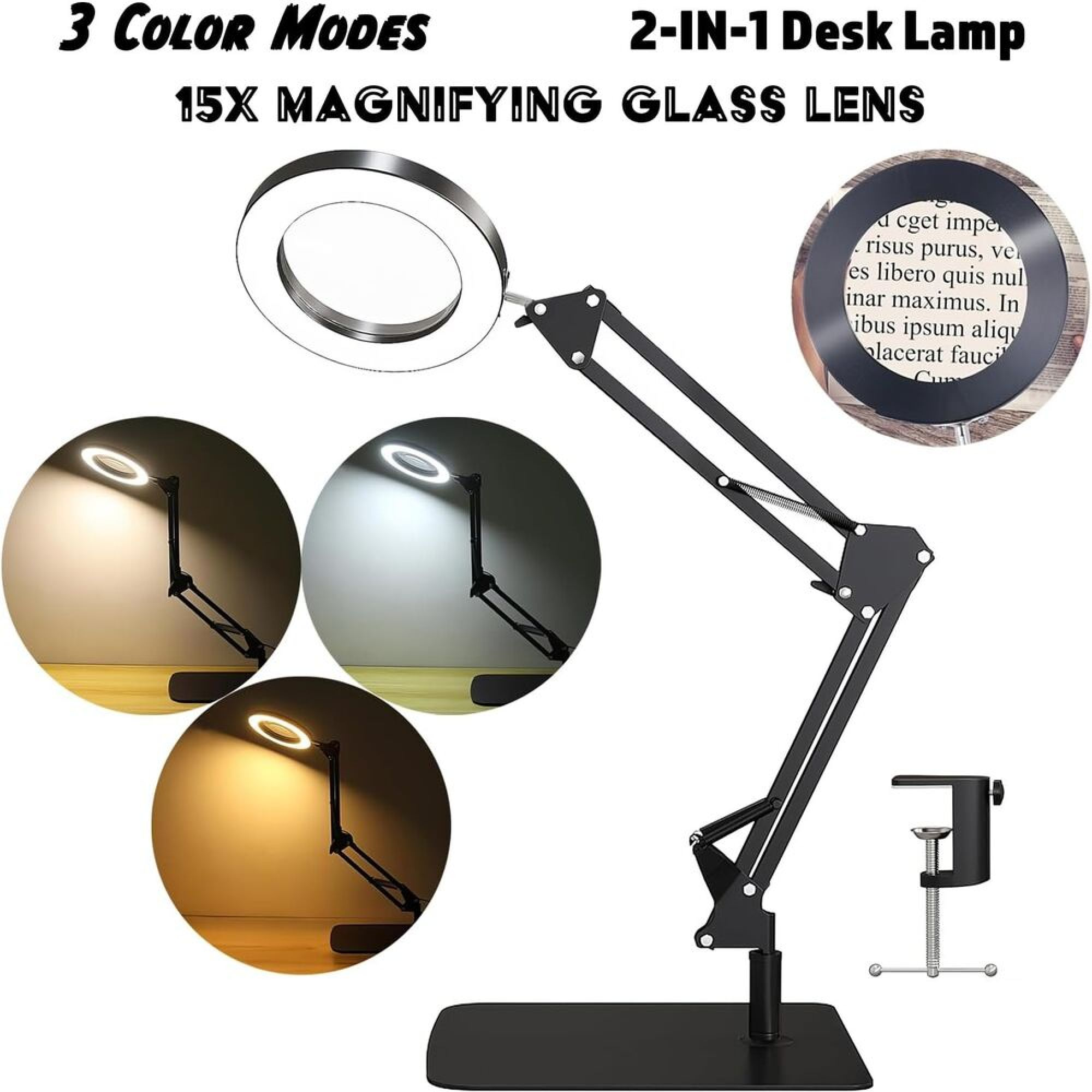 Verstellbare Schreibtischlampe mit Lupe und drei Farbmodi, auf weißem Hintergrund mit Insets.