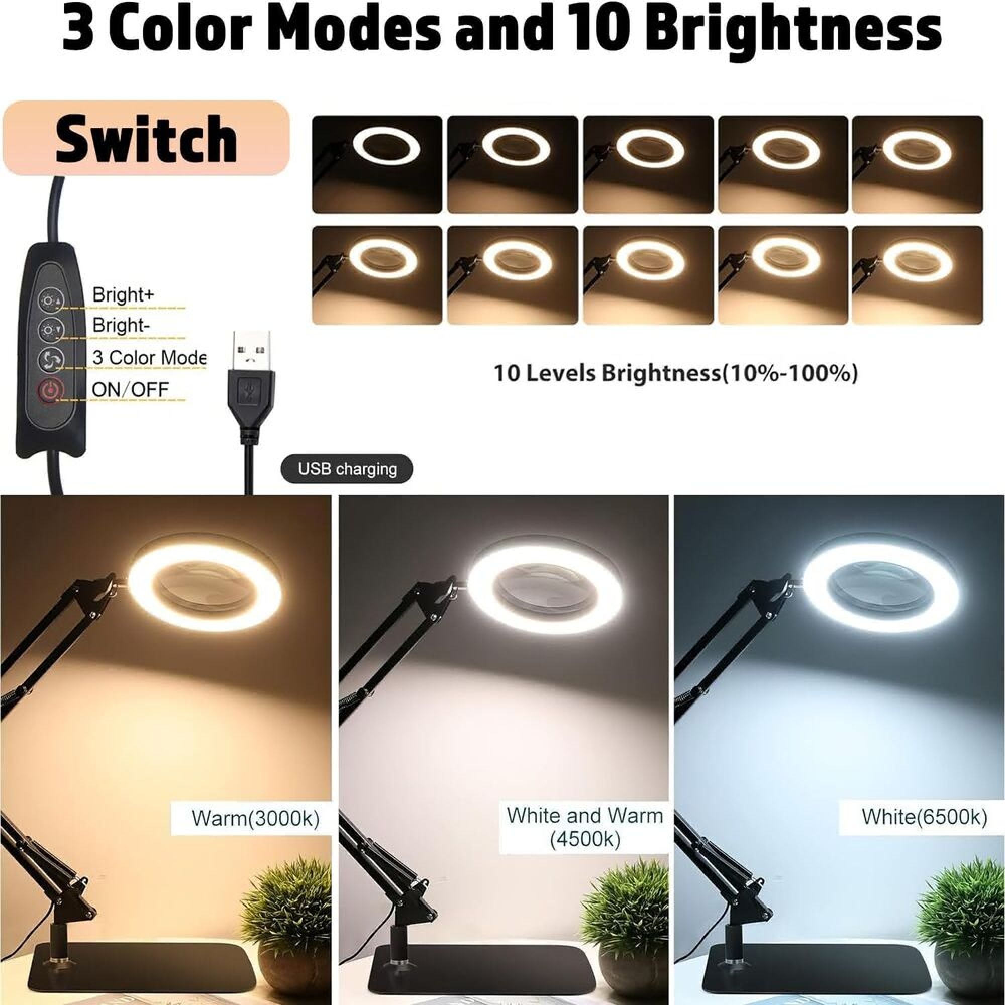 Eine Lampe mit 3 Farbmodi und 10 Helligkeitsstufen, USB-betrieben, zeigt warmes, gemischtes und weißes Licht.