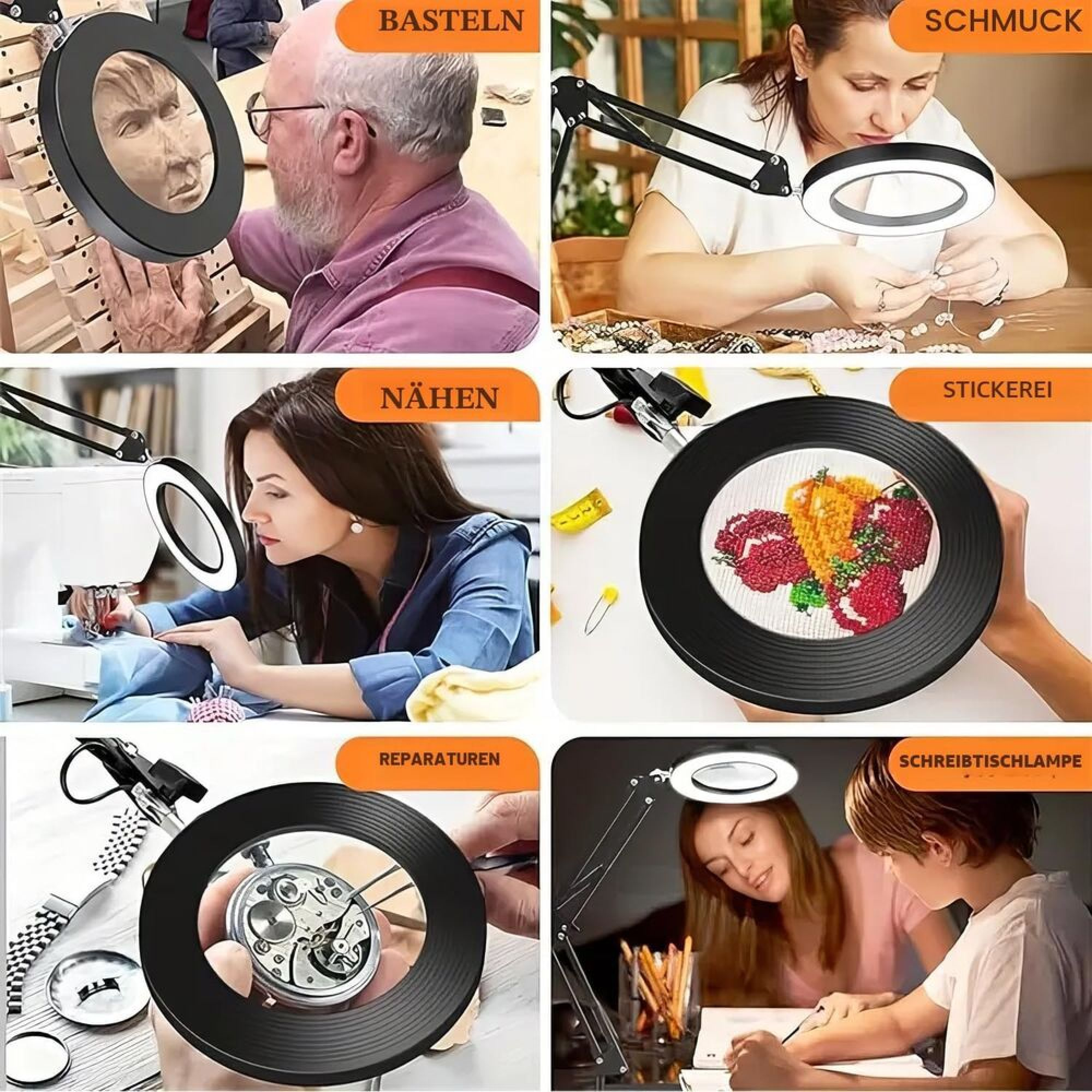 Collage von sechs Bildern, die Menschen bei der Arbeit mit einer beleuchteten Lupe zeigen.