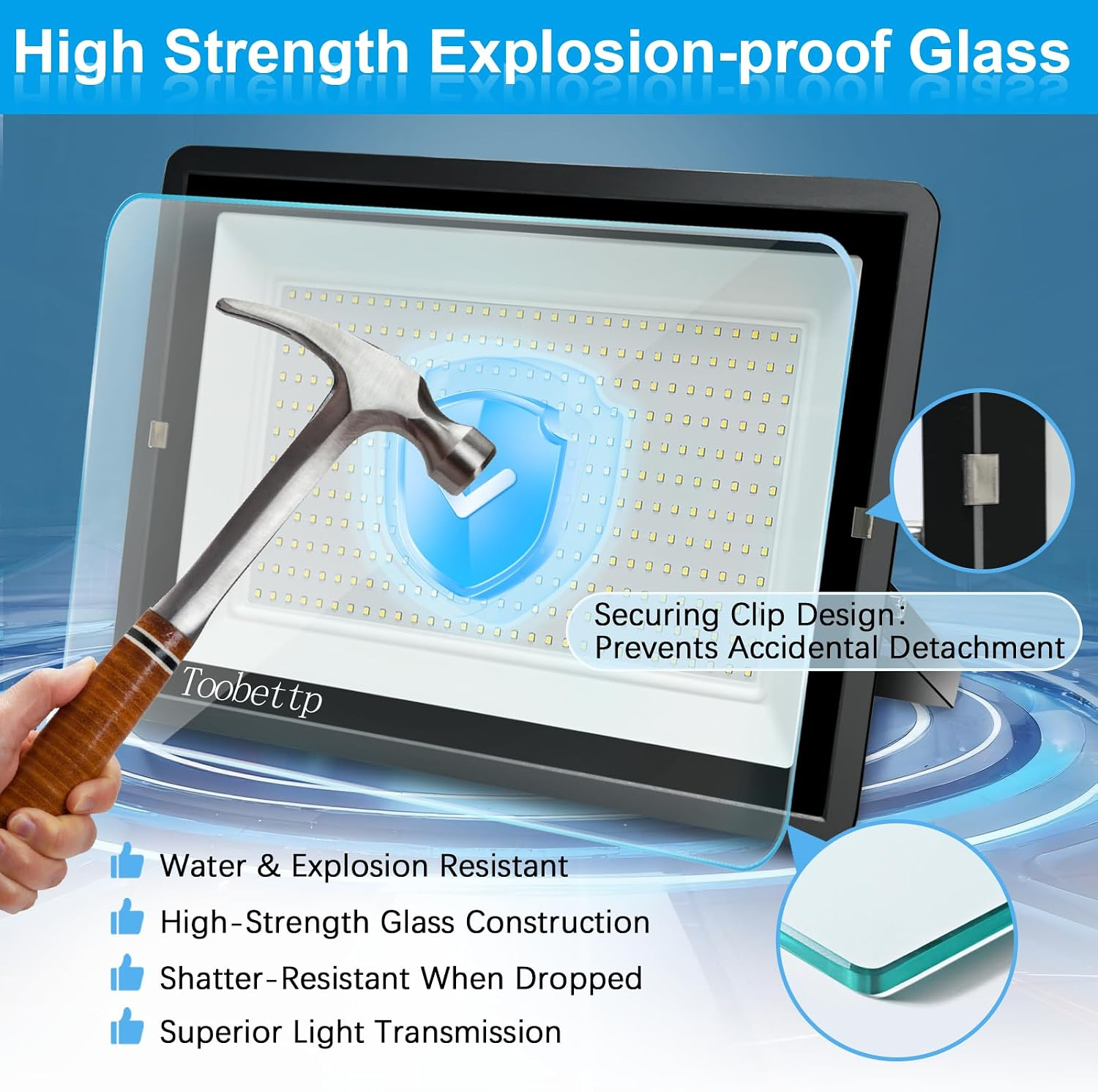 Ein Hammer trifft auf eine explosionssichere Glasscheibe vor einer LED-Leuchte mit Produktmerkmalen.