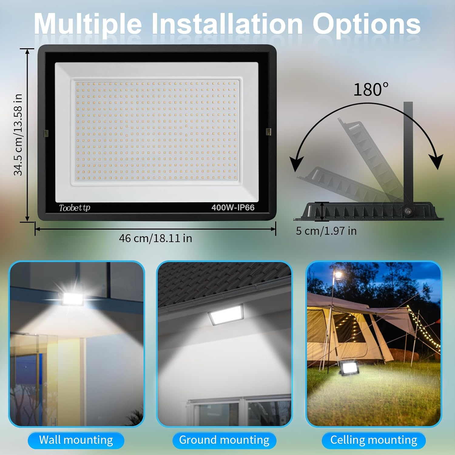 LED-Fluter mit Maßangaben, 180 Grad drehbar, und Beispielen für Wand-, Boden- und Deckenmontage.