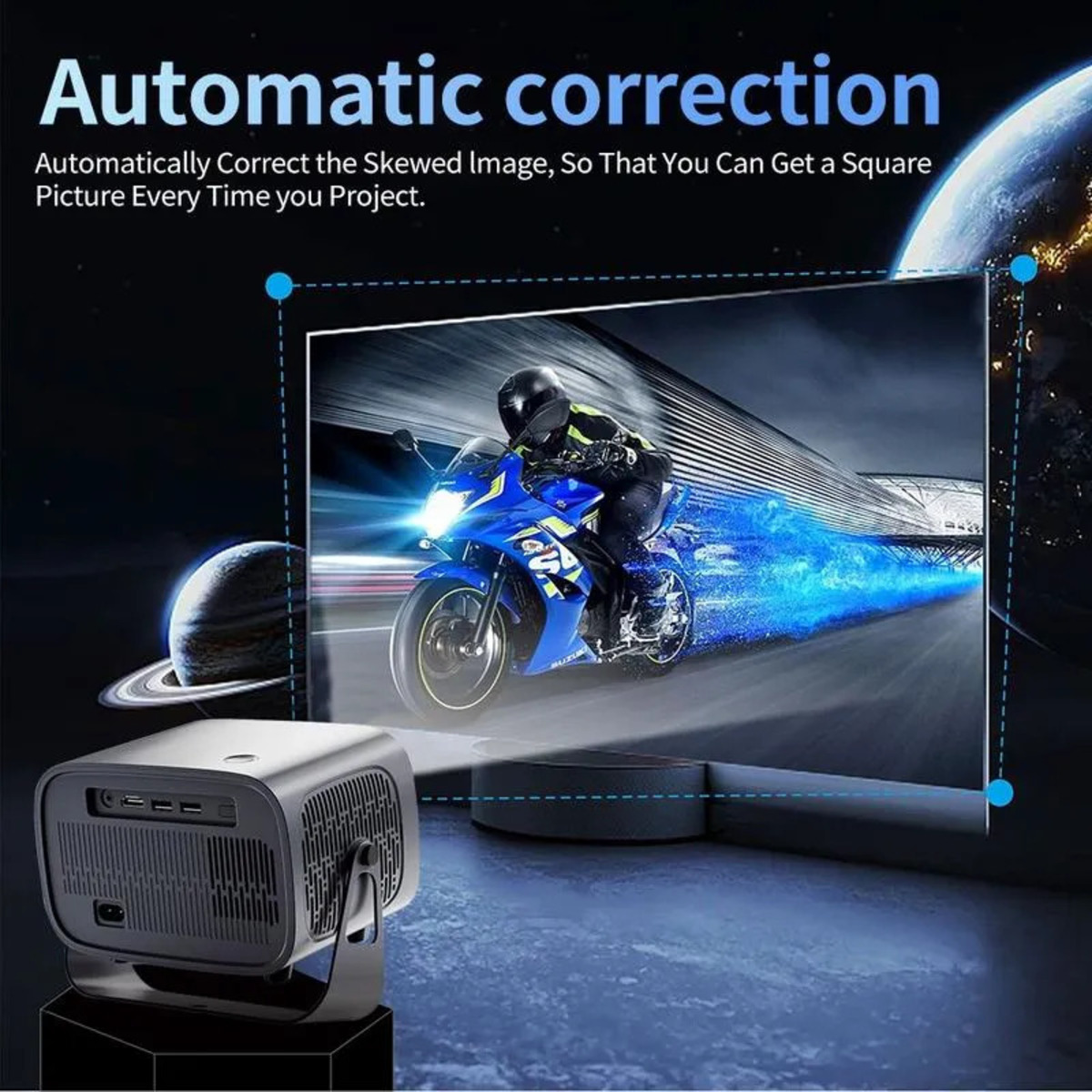 Un proyector proyecta una imagen azul de una motocicleta en una pantalla con fondo espacial.