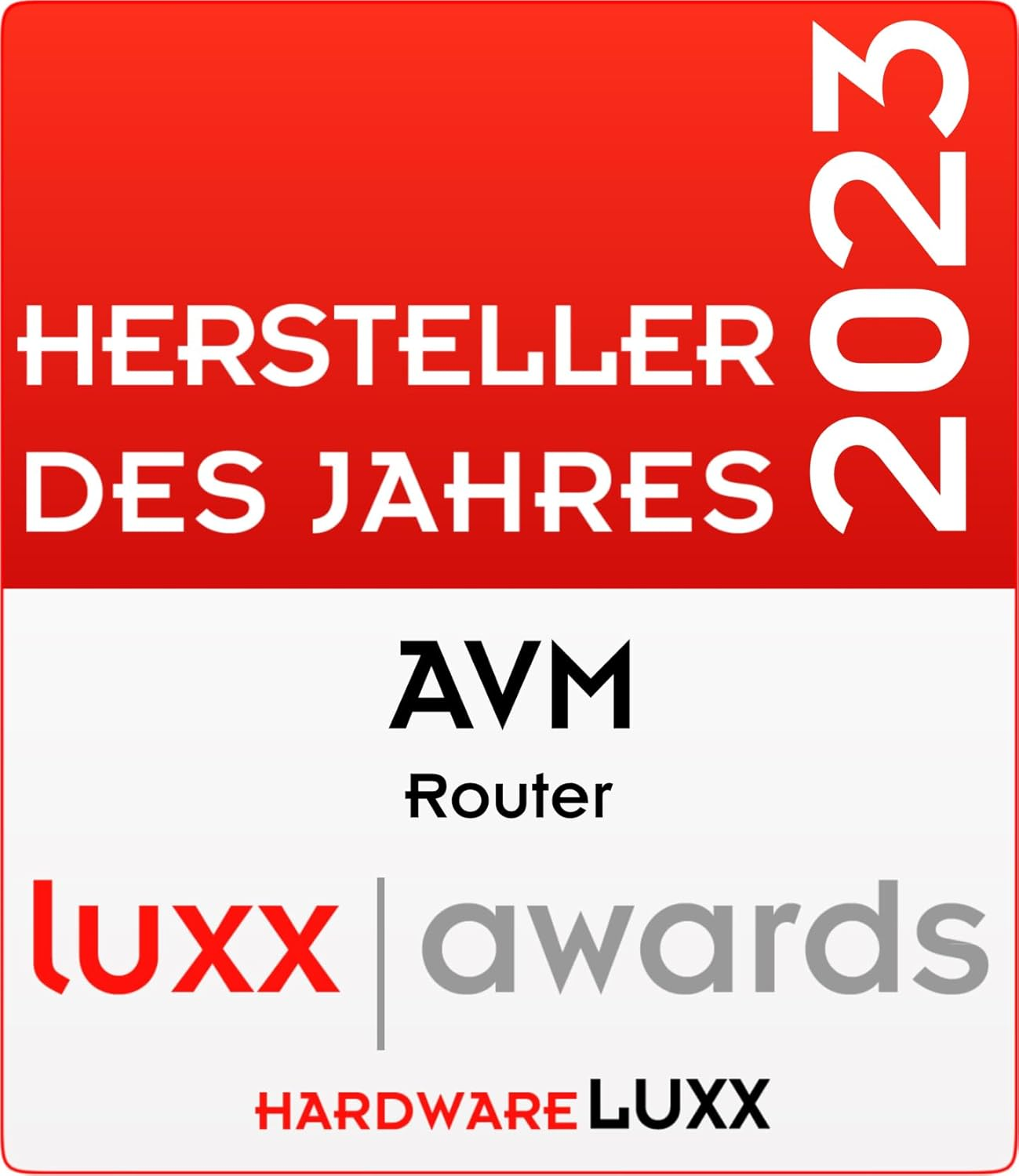 Logo für Hersteller des Jahres 2023 AVM Router luxx awards HARDWARELUXX