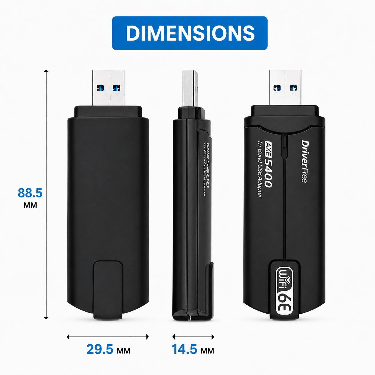 Technische Zeichnung mit Maßangaben eines schwarzen AXE5400 Tri-Band USB-WLAN-Adapters.