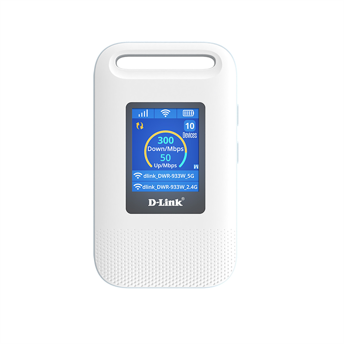 Ein weißer mobiler D-Link WLAN-Router mit einem digitalen Bildschirm, der Netzwerkgeschwindigkeit und verbundene Geräte anzeigt.
