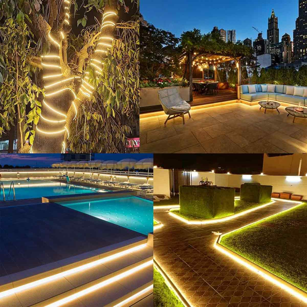 Vier Bilder zeigen LED-Lichtstreifen, die Bäume, eine Dachterrasse, einen Pool und einen Gartenweg beleuchten.