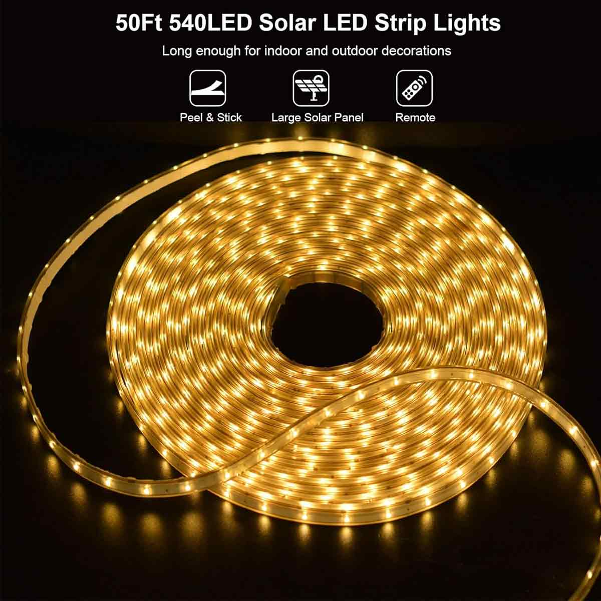 Aufgerollter, leuchtend gelber 50ft LED-Lichtschlauch mit Text und Symbolen oben auf schwarzem Hintergrund.