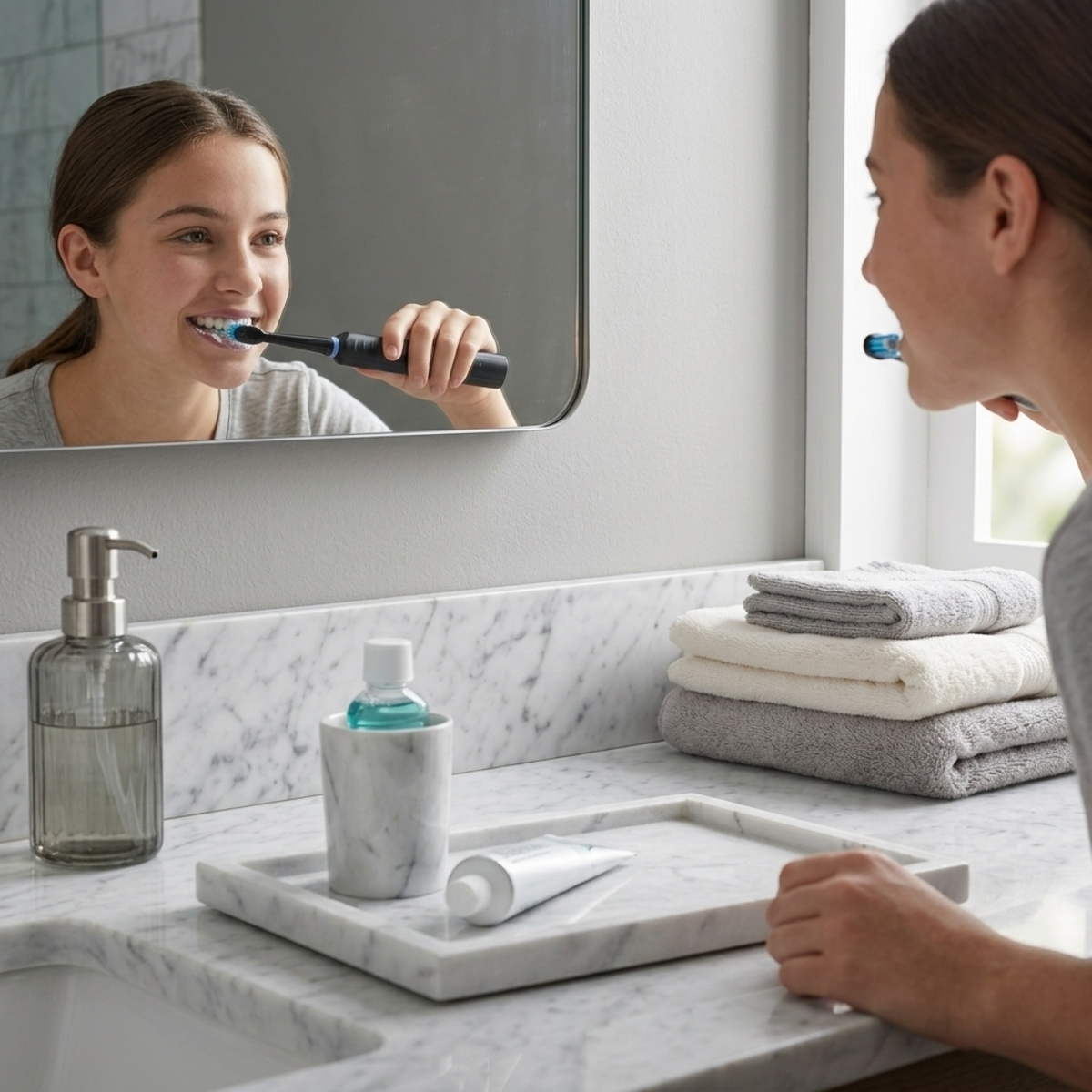 Una mujer joven se cepilla los dientes con un cepillo eléctrico frente al espejo del baño.