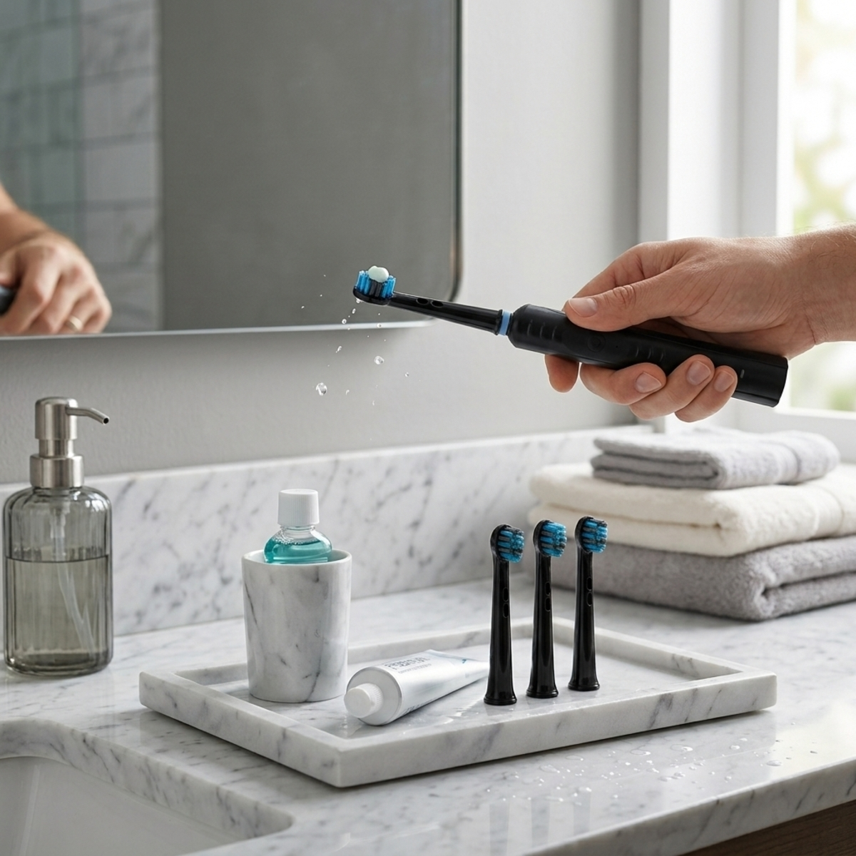 Una mano sostiene un cepillo eléctrico negro sobre un lavabo de mármol, con accesorios de baño al fondo.