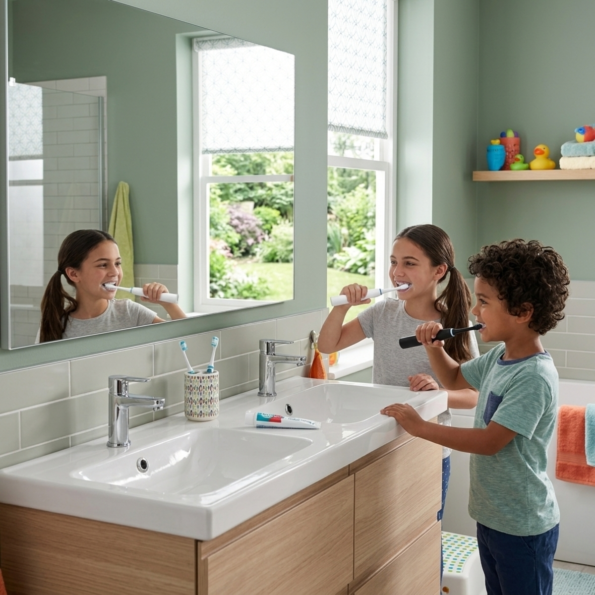 Un niño y una niña se cepillan los dientes juntos en un baño luminoso con doble lavabo y un espejo grande.