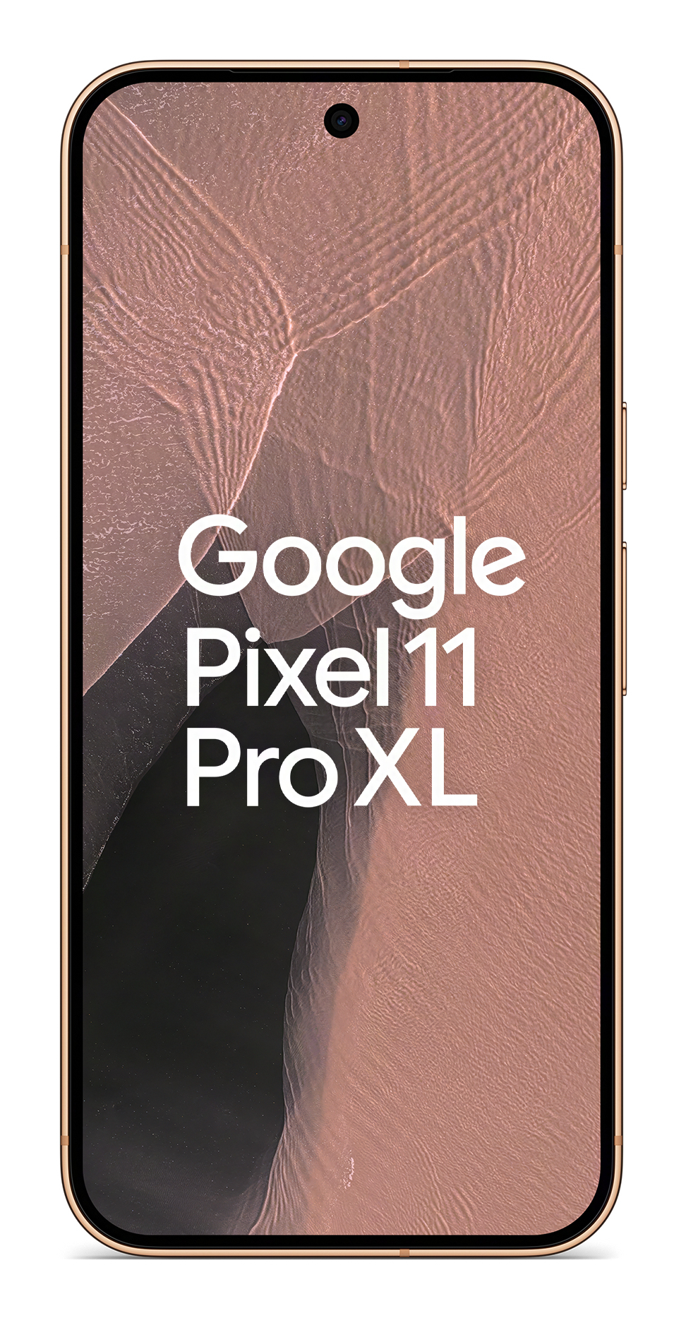 Złoty smartfon Google Pixel 11 Pro XL z różowym teksturowanym tłem i białym tekstem.