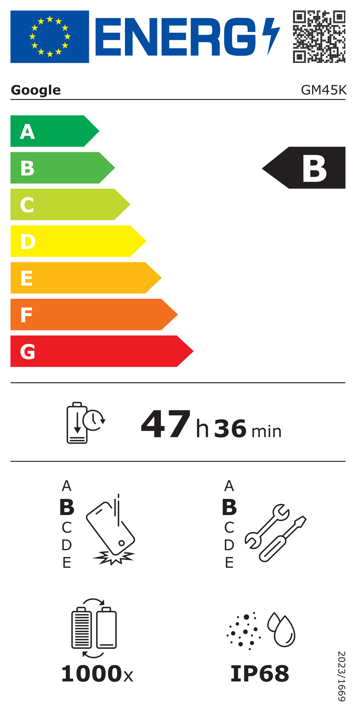 Google Energieeffizienzlabel mit Klasse B und Symbolen für Akku, Haltbarkeit, Reparatur und IP68.