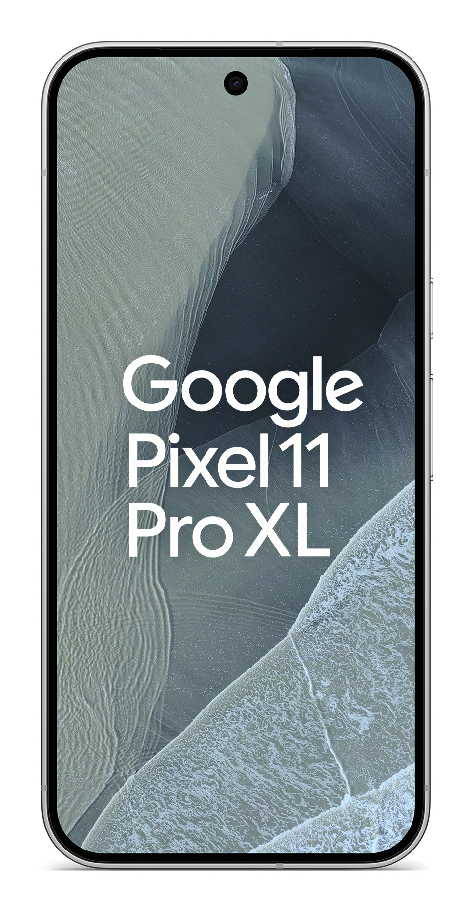 Smartfon wyświetlający napis Google Pixel 11 Pro XL na tle abstrakcyjnych fal.