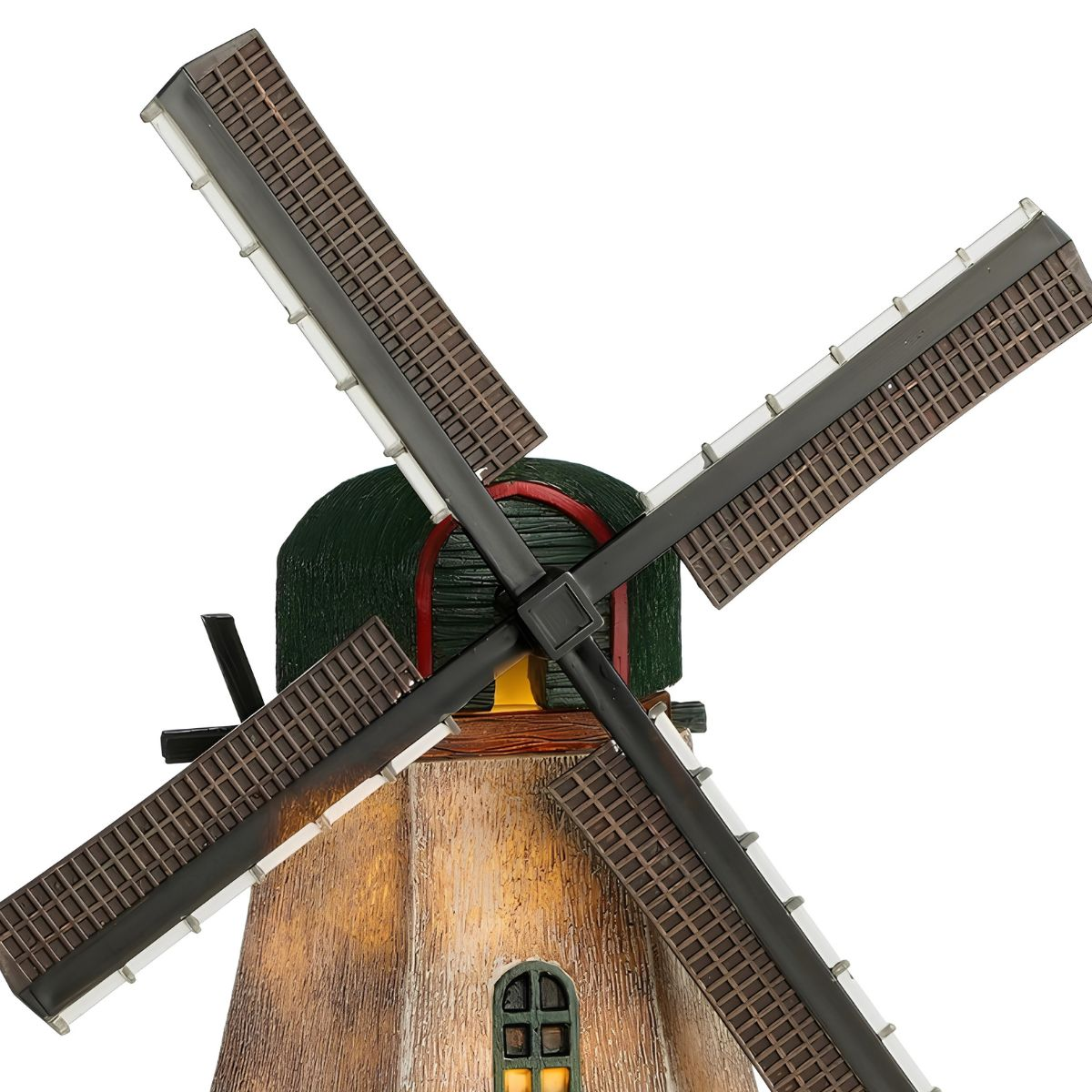 Model van een traditionele windmolen met vier bruine wieken en een verlicht boograam.