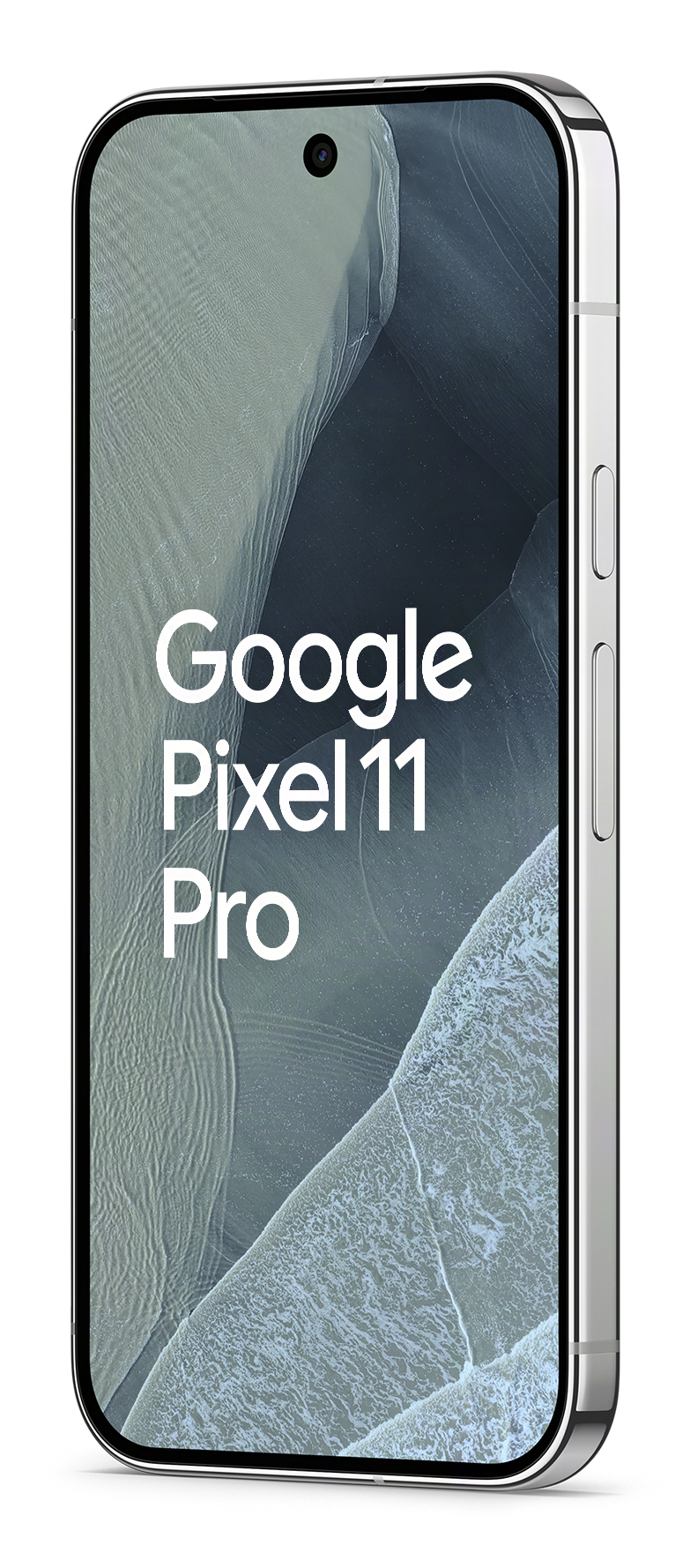Ein Smartphone mit Text Google Pixel 11 Pro auf dem Bildschirm, silberner Rahmen und dunkler Hintergrund.