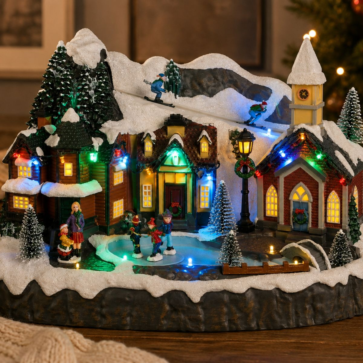 Verlicht kerstdorp met skiërs op bergen, huizen, een kerk en figuren op een schaatsbaan.