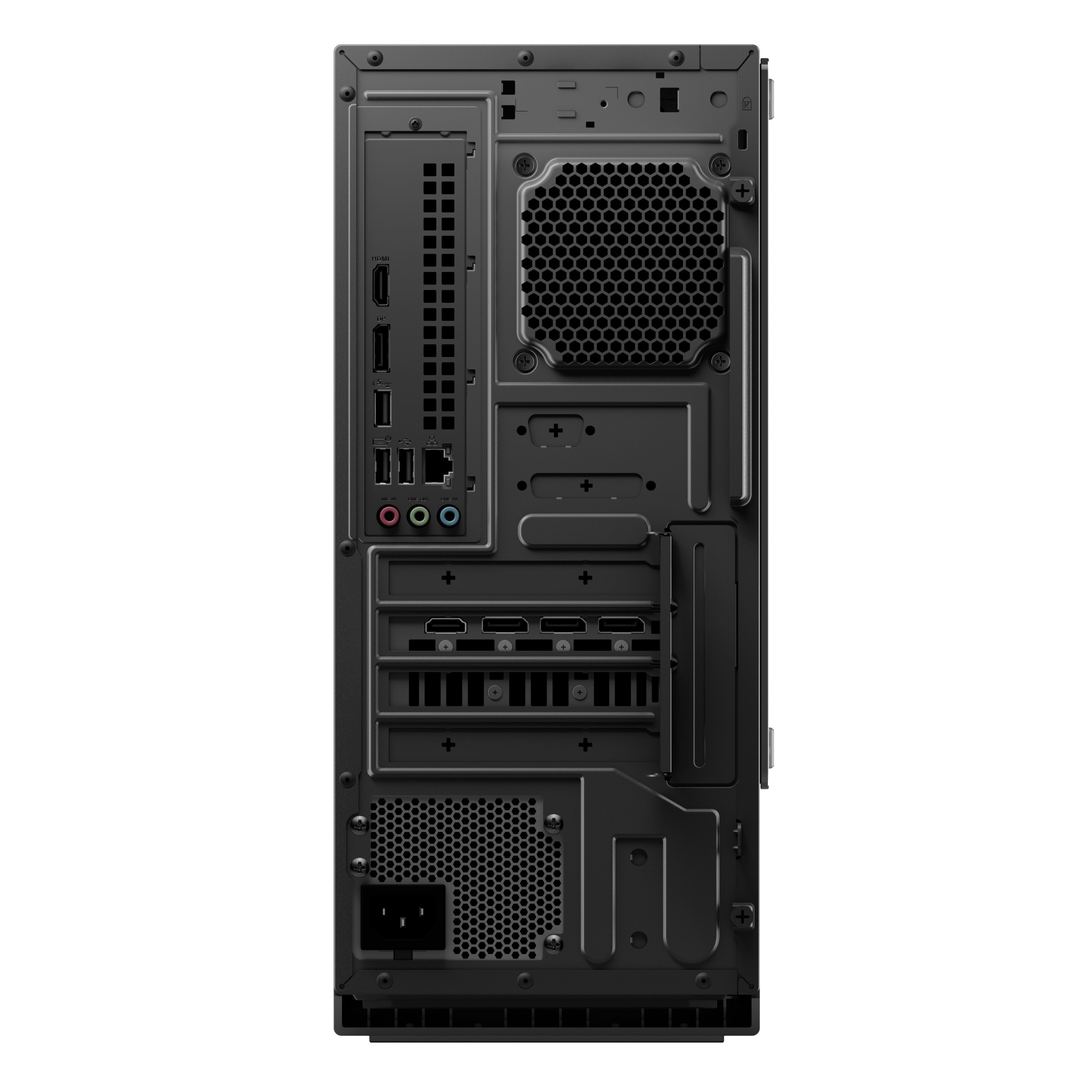 Die schwarze Rückseite eines Desktop-PCs zeigt verschiedene Anschlüsse, einen Lüfter und Erweiterungssteckplätze.