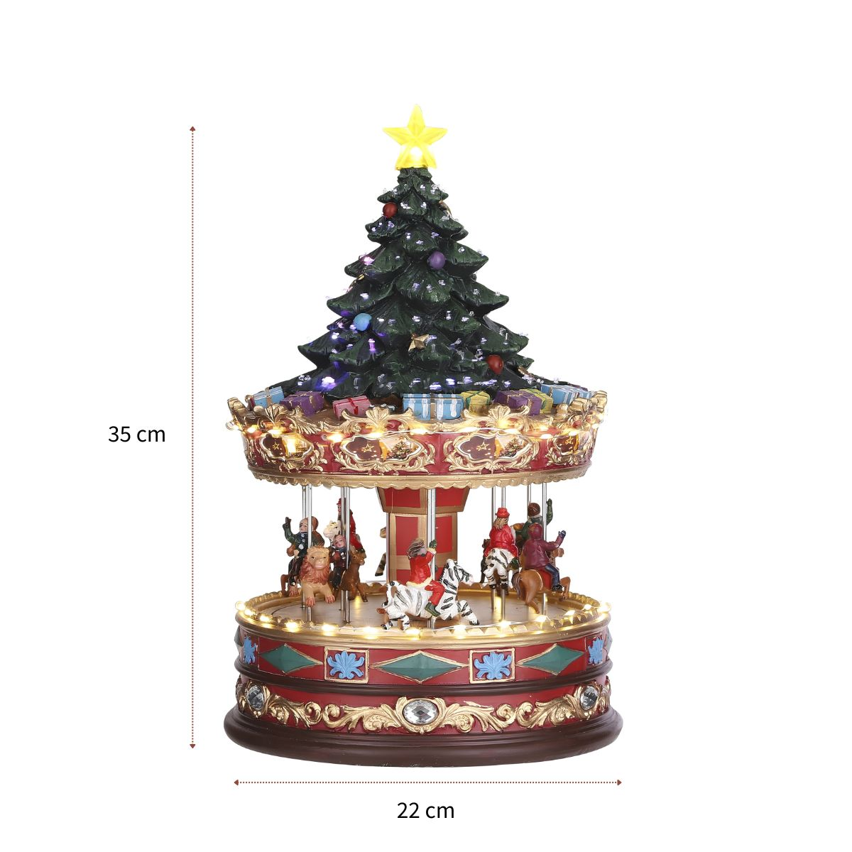 Een verlicht kerstboomcarrousel met beeldjes en cadeautjes, 35 cm hoog en 22 cm breed.