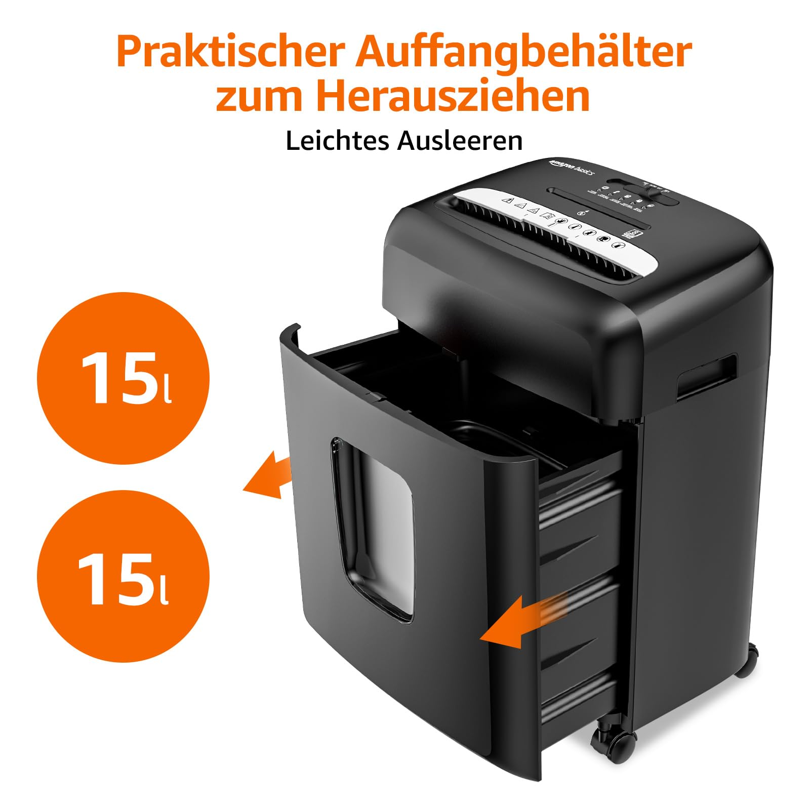 Schwarzer Aktenvernichter mit herausziehbarem 15-Liter-Auffangbehälter auf Rollen.