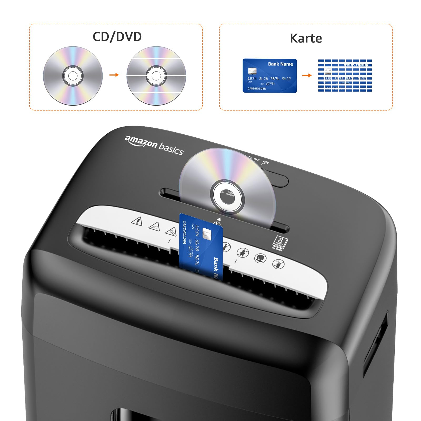 Ein schwarzer Aktenvernichter von Amazon Basics vernichtet eine CD und eine blaue Kreditkarte.