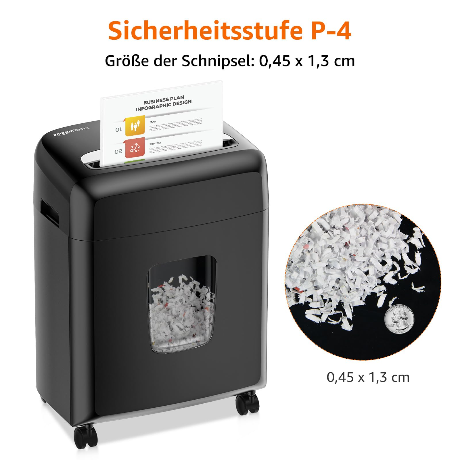 Ein schwarzer Aktenvernichter shreddert Dokumente in feine Partikel, gezeigt mit einem US-Vierteldollar zum Grössenvergleich.