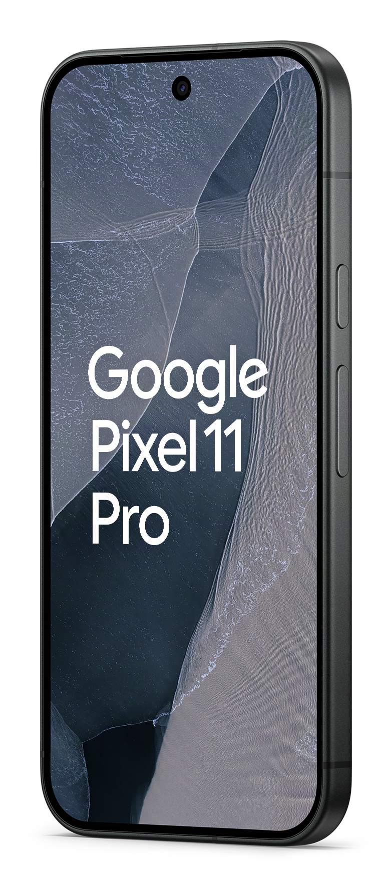 Ein schwarzes Google Pixel 11 Pro Smartphone zeigt den Text auf dem Bildschirm mit einem abstrakten Hintergrund.