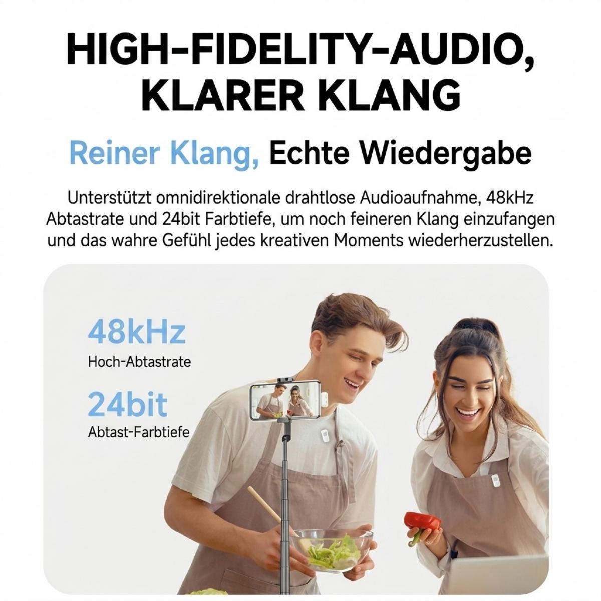 Werbebild für Audioqualität mit zwei smiling Kochern und deutscher Produktbeschreibung.