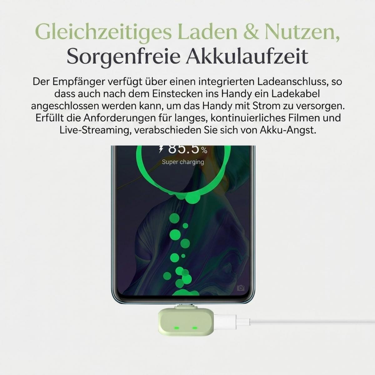 Grafik zeigt ein Smartphone mit Ladeadapter und Text zum gleichzeitigen Laden und Nutzen.