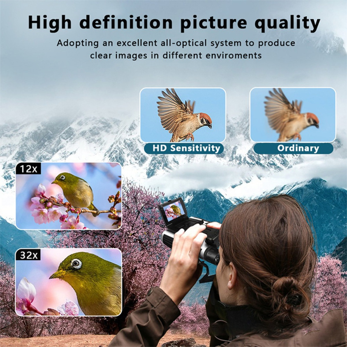 Eine Frau nutzt eine Fernglas-Kamera mit zoombaren Vogelbildern und Bergkulisse.