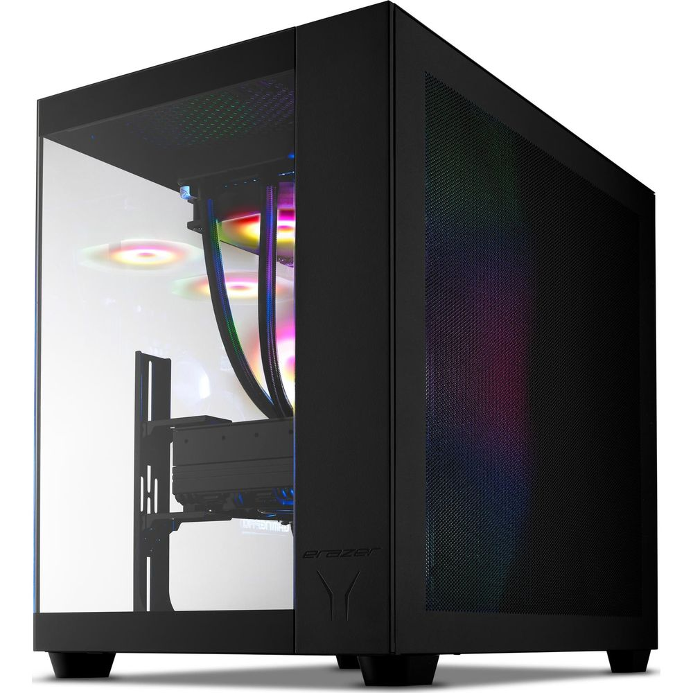 Ein schwarzer Desktop-PC mit Glasfront und bunten RGB-Lüftern im Inneren auf weißem Hintergrund.