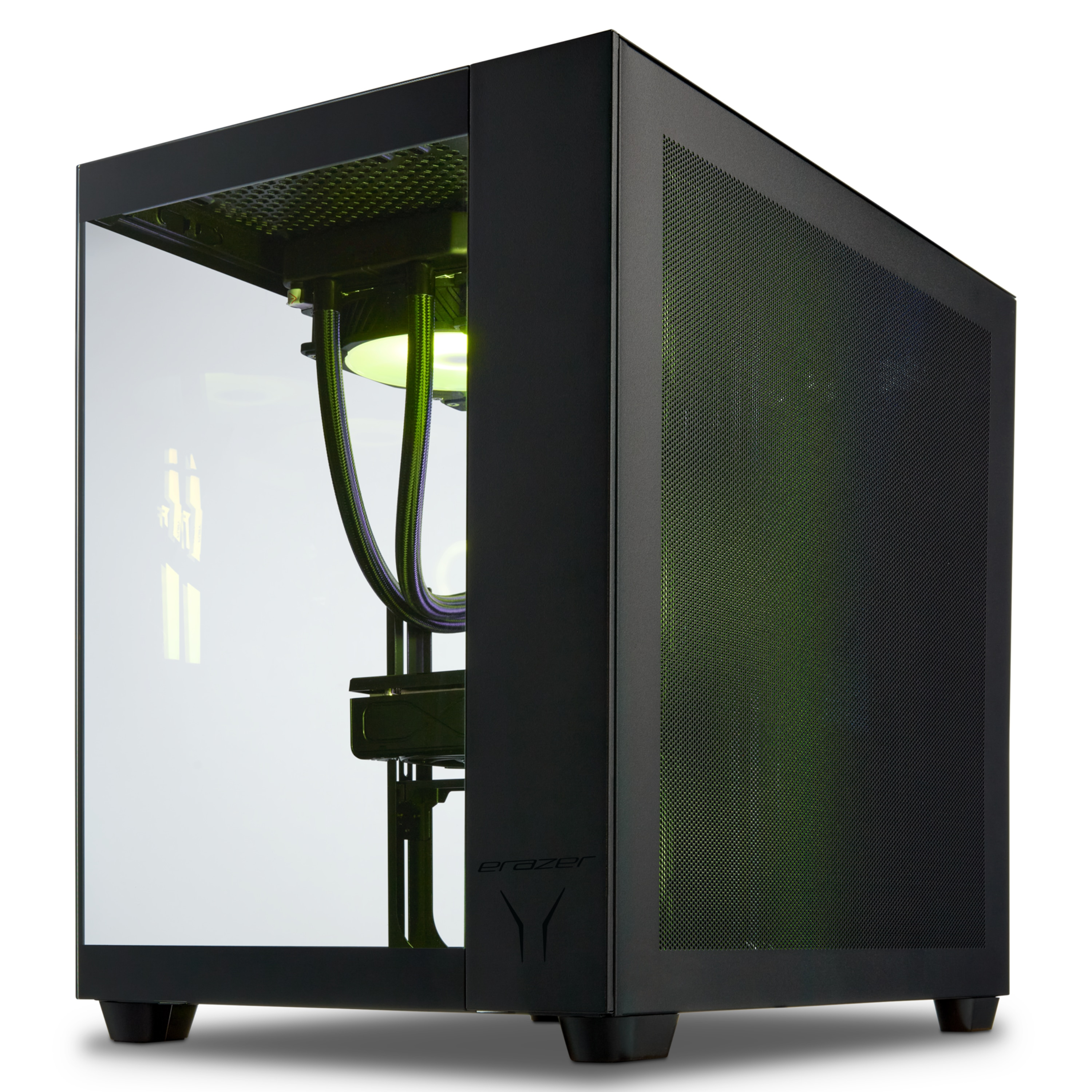 Ein schwarzes PC-Gehäuse mit Glas-Seitenwand, die Innere Komponenten und grüne Beleuchtung zeigt.