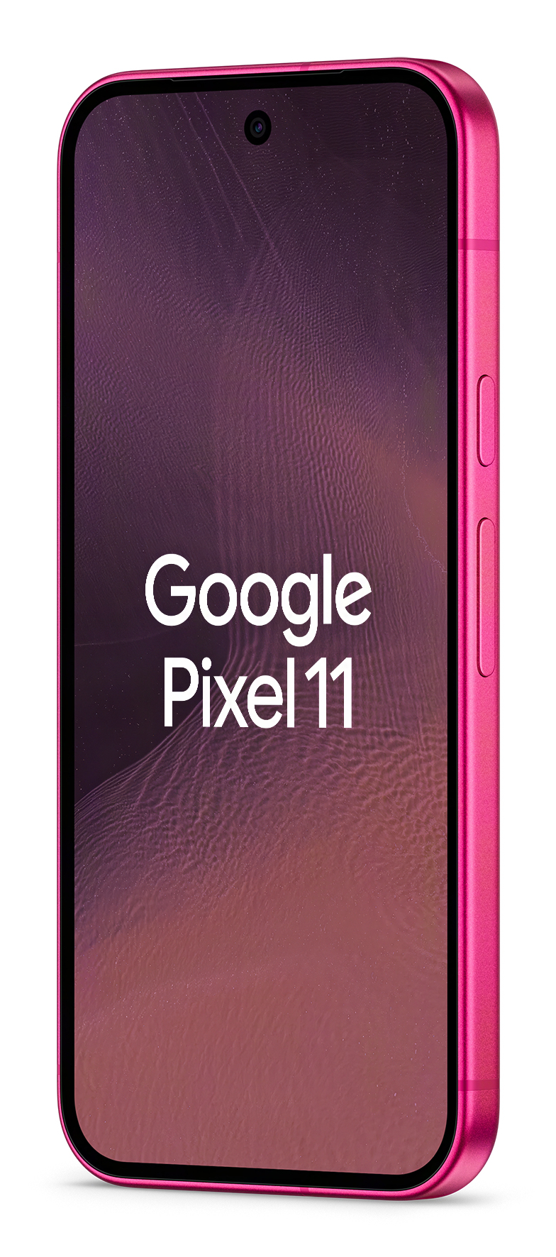 Różowy smartfon Google Pixel 11 wyświetla ekran główny z tekstem „Google Pixel 11” na białym tle.